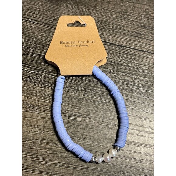 NEW polymer clay mother of pearl bracelet handmade blue silver beaded boho - Picture 2 of 6